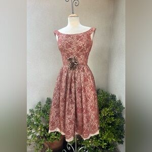 Vintage 60s party dress brown beige lace petticoat Sz XS Jonny Herbert Original